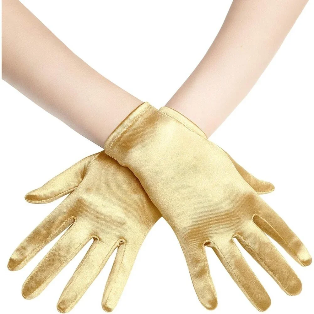 Women's Short Gold Satin Silk Gloves Banquet Wedding Party Costume Accessories